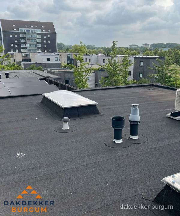 Groot plat dak met lichtkoepel en dakdoorvoeren in Burgum