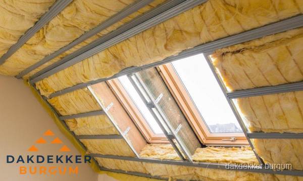 Schuin dak isoleren met glaswol bij dakraam in Burgum