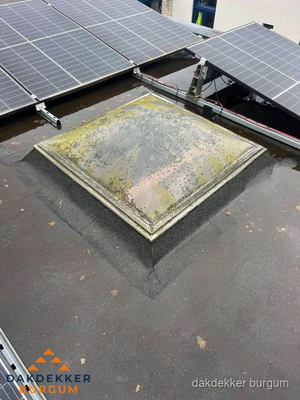 Vervuilde lichtkoepel op plat dak met zonnepanelen in Burgum Vervuilde lichtkoepel op plat dak met zonnepanelen in Burgum