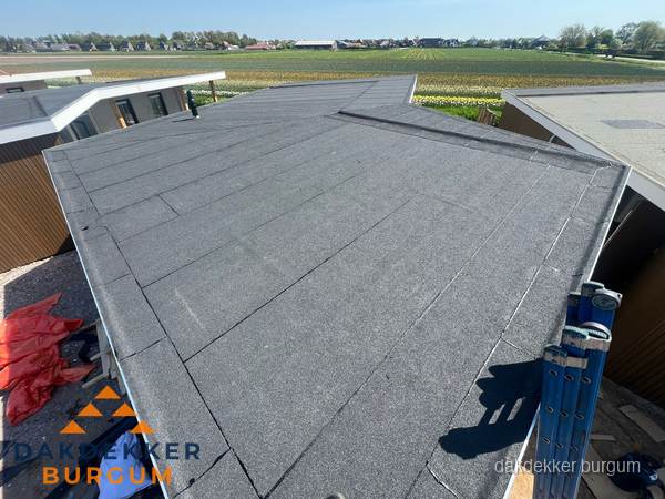 Nieuw bitumen plat dak met uitzicht over landschap in Burgum Nieuw bitumen plat dak met uitzicht over landschap in Burgum